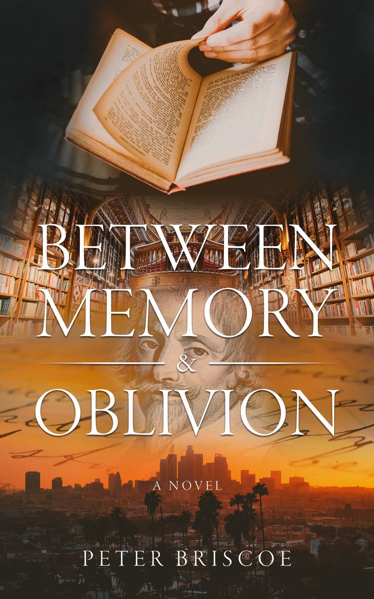 Novel cover featuring open book, shelves, a portrait, and a cityscape